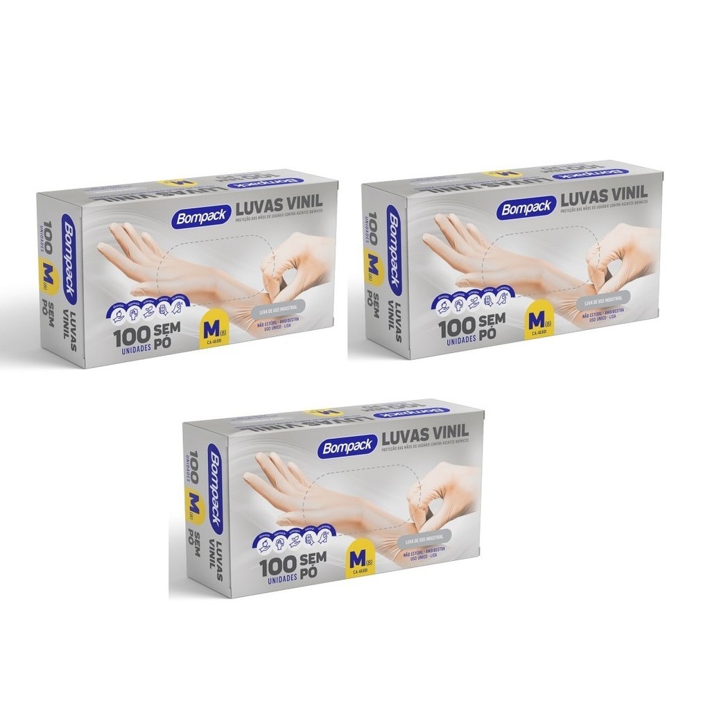 Luva Vinil M Sem Pó Descartável 300 unidades Bompack em Oferta na Shopee