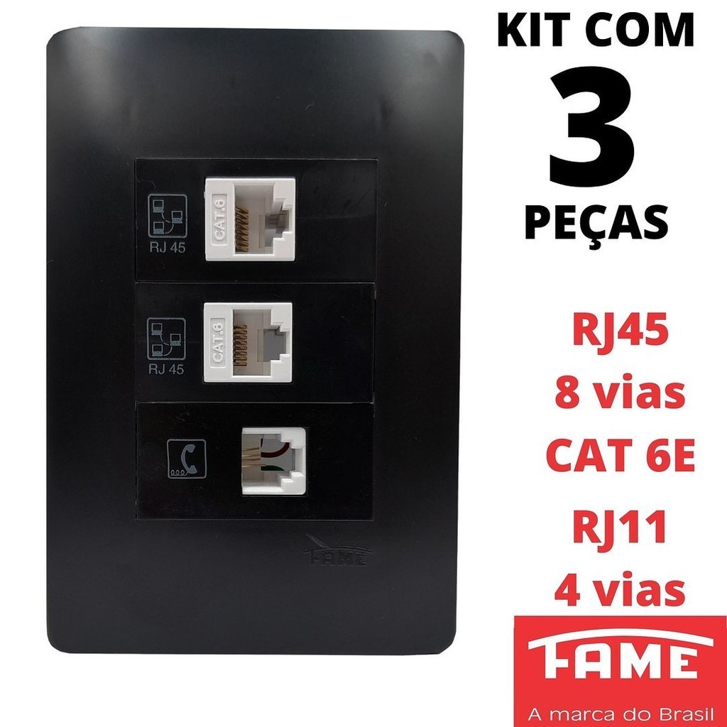 3un Tomada VD RJ11 4 Vias RJ45 CAT 6E 8 Vias Dupla Com Placa Habitat Black Preto FAME
