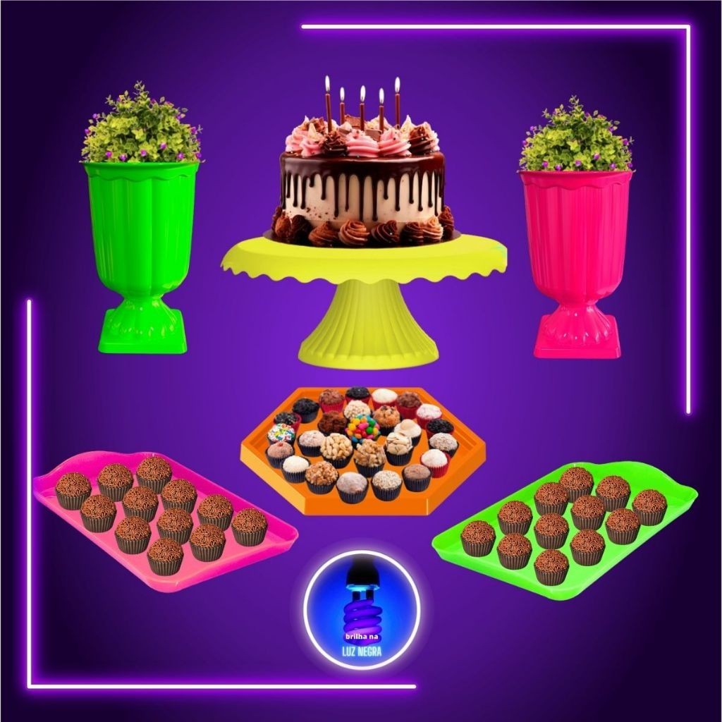 Kit Decoração Mesa Neon Boleira Vaso Grego e Bandejas Brilha na Luz Negra em Oferta na Shopee
