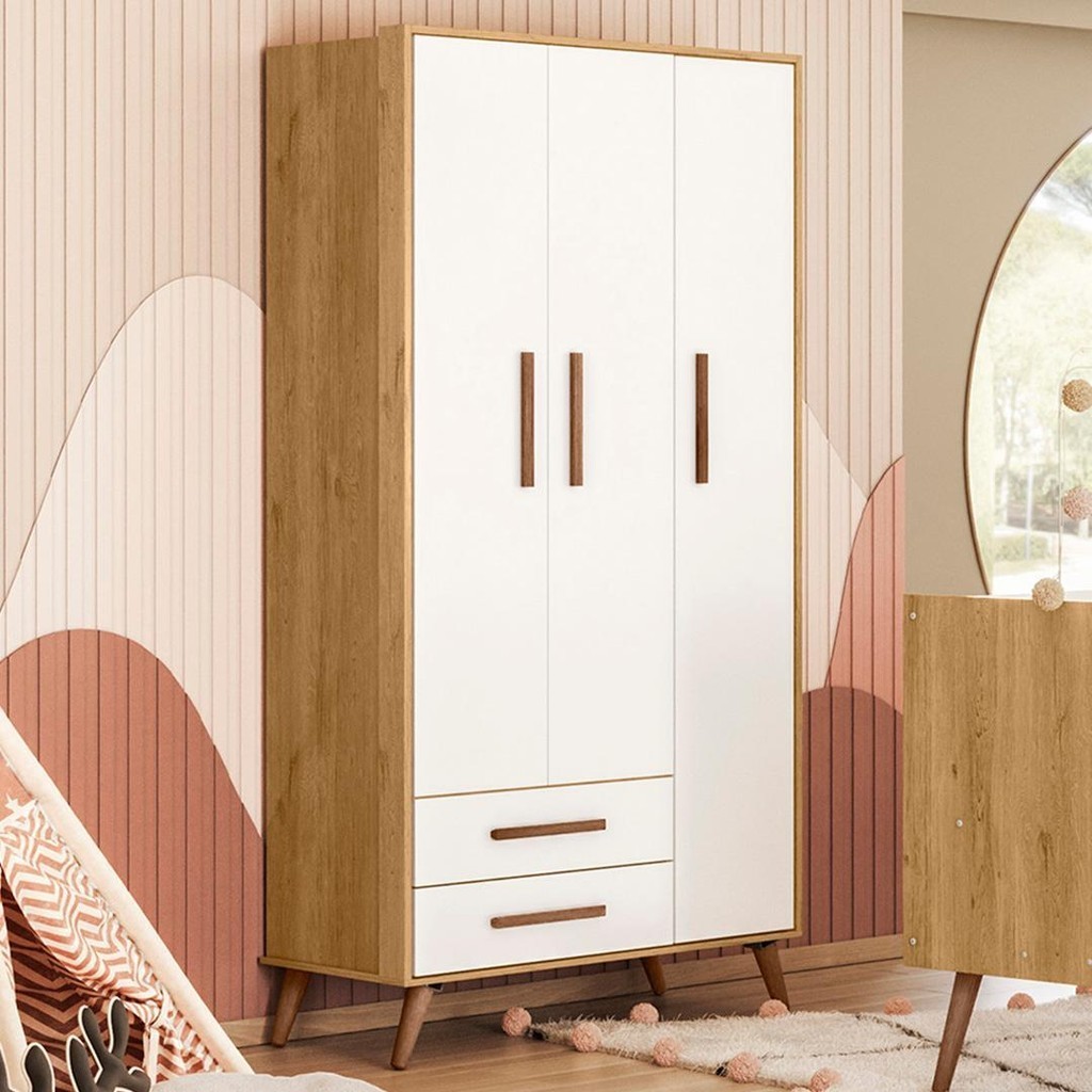 Guarda Roupa Infantil 3 Portas Retrô Q Encanto Freijó/Branco - Qmovi em Oferta na Shopee