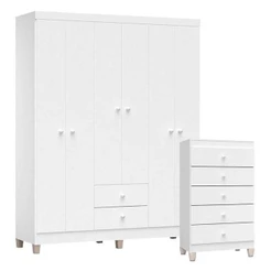 Cômoda Gaveteiro E Guarda Roupa 6 Portas Ternura Baby Branco Brilho - Incorplac