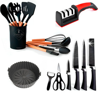 Kit de Utensílios de Cozinha Premium Faqueiro Jogo De Talheres Jogo Utensílios, Kit Facas, Escumadeira, Cozinha Cor Preto