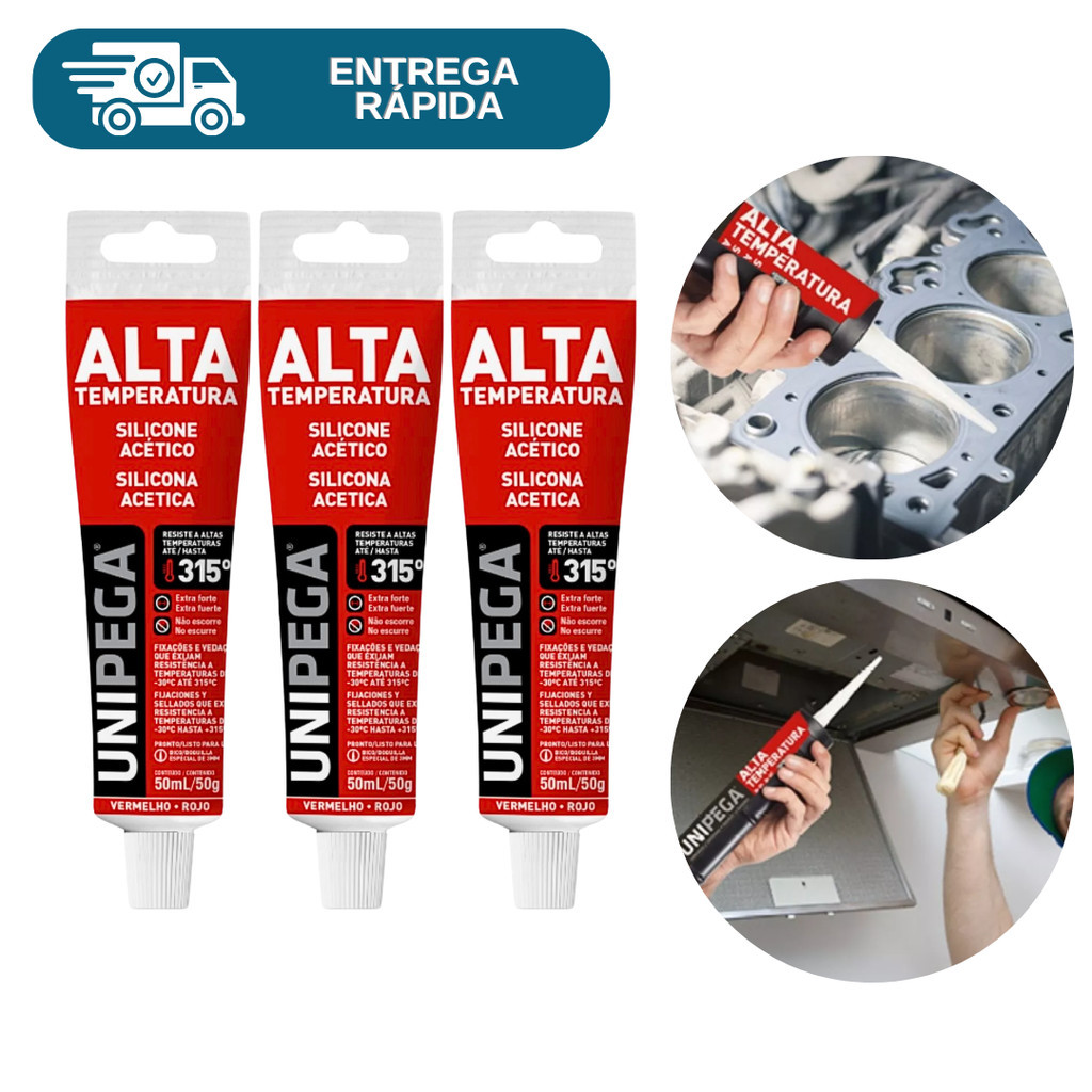 Kit 3 Cola De Silicone Acético Alta Temperatura 50ml Vedação Motor Ferro Forno Coifa Depurador De Ar