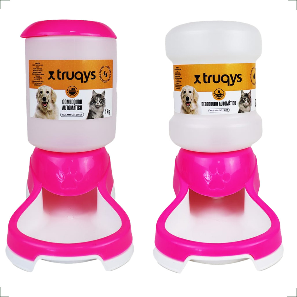 Kit Comedouro + Bebedouro Automático Truqys Pets Rosa Galão - 2 Litros em Oferta na Shopee