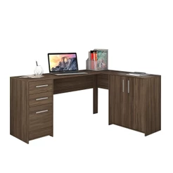 Mesa de Escritório Escrivaninha Em L Home Office Para Computador Quarto 3 Portas Marrom Escuro