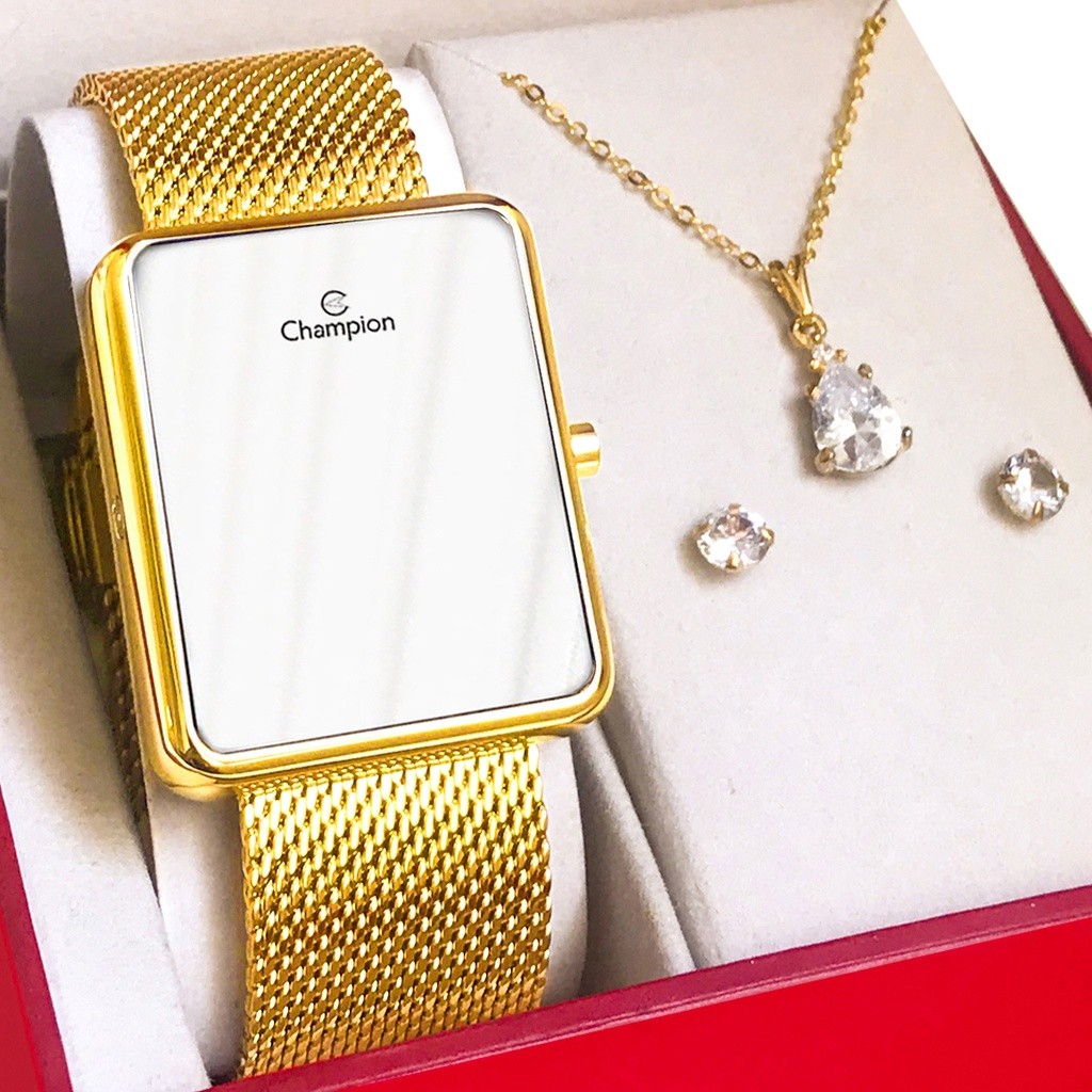 Relógio Champion Feminino Dourado Digital LED Original com garantia de 1 ano acompanha colar e brincos