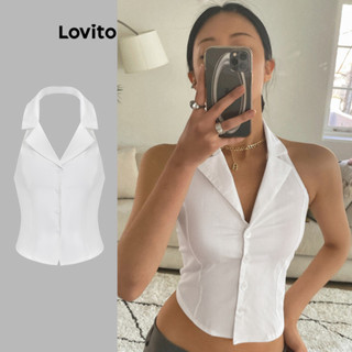 Lovito Casual Blusa Feminina Lisa Cropped com Botão Frontal L74ED249 em Oferta na Shopee
