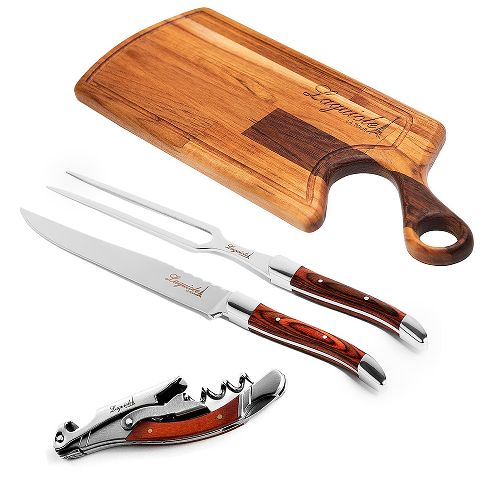 Kit Churrasco Tabua De Madeira Com Faca, Garfo e Saca-Rolhas Aço Inox Linha Premium LAGUIOLE LA TOUR