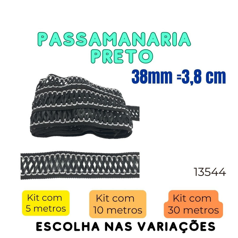 Passamanaria Cetim trançada  3,8cm Preto 5m , 10m, 30m 13544 585S16 bordado para blusa, saias, vestidos