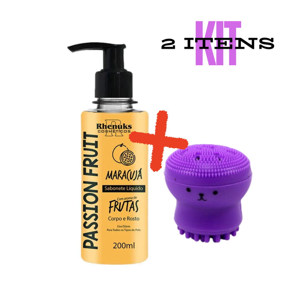 Kit Sabonete Líquido Corpo e rosto Maracujá RHENUKS + 1 Esponja Limpeza Para Rosto Polvo Esfoliante