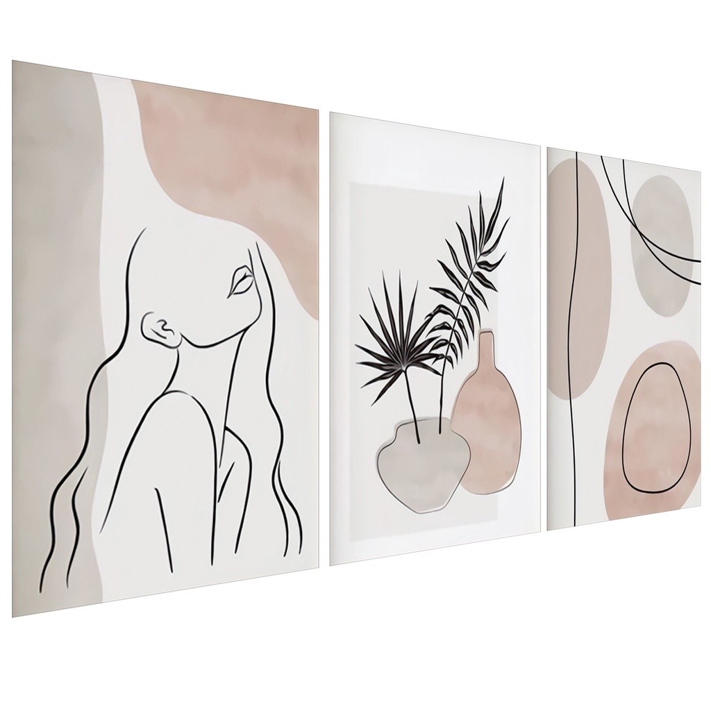 Trio Quadros Decorativos Abstrato Mulher Folhagem Sala Moderna MINIMALISTA