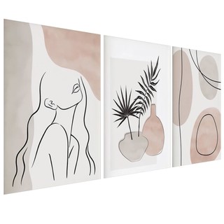 Trio Quadros Decorativos Abstrato Mulher Folhagem Sala Moderna MINIMALISTA
