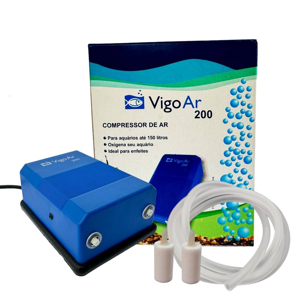 Compressor 2 saidas oxigenador para aquario 150l com Pedra porosa Vigoar 200  kit completo