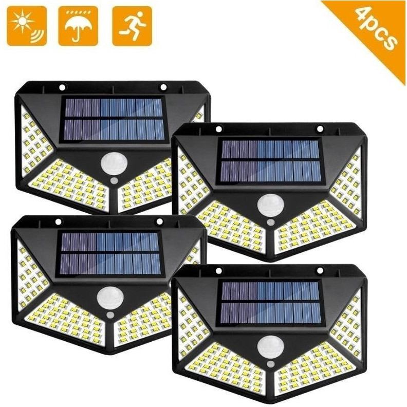 Kit 4 Luminária Solar A Prova Dágua 100 Led Com Sensor De Presença