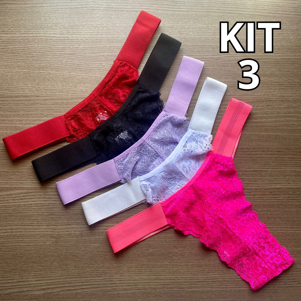 Kit 3 Calcinhas Plus Size de Renda com Elástico na Cintura Cores Vibrante Neon Lingerie Feminina