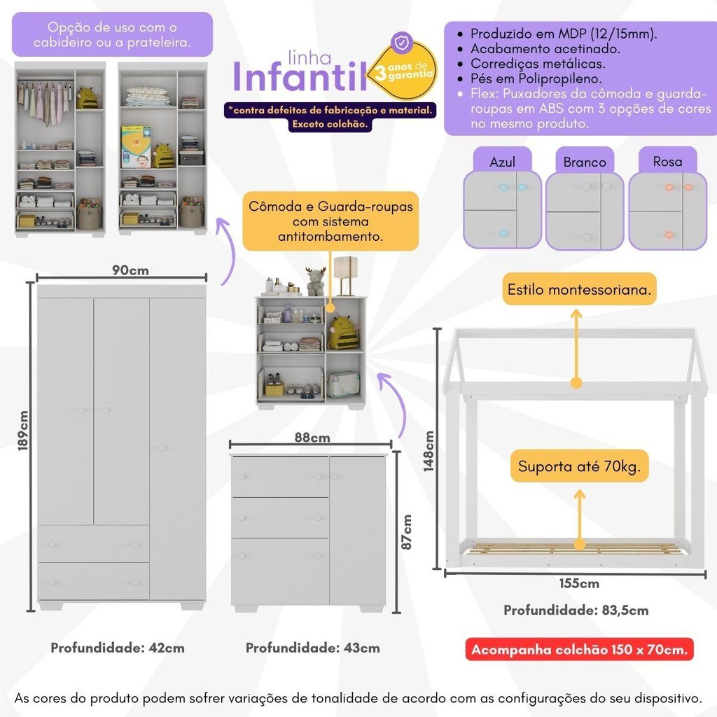 Detalhes do Quarto Infantil com Cama Montessoriana e Colchão Incluso Algodão Doce Multimóveis MX4268