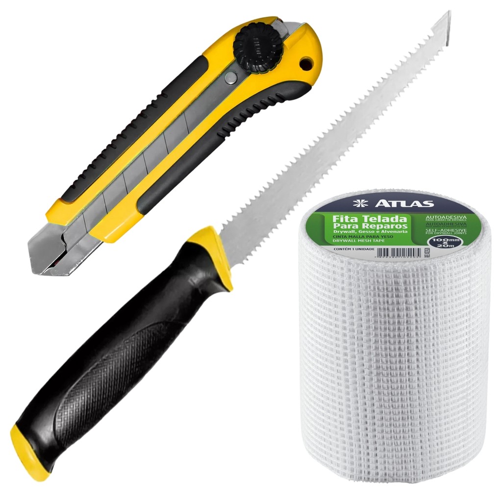 Kit Serrote para Gesso Lâmina Dupla 6" com Fita Telada 100mm x 20m e Estilete 25mm Trava Jogo Gesseiro Obra