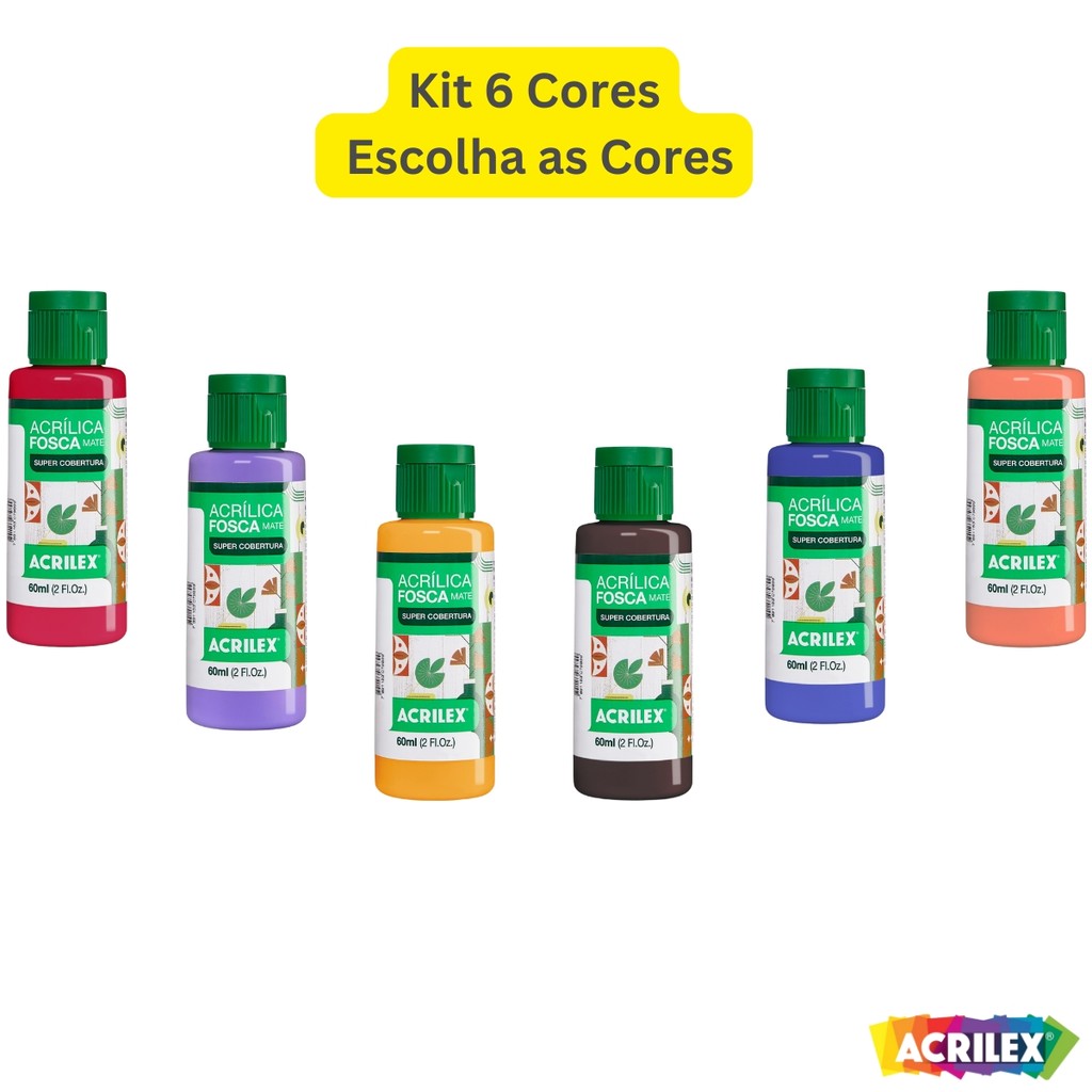 Kit 6 Tubos de Tinta Acrílica Fosca Artesanato Atóxica Acrilex 60ml