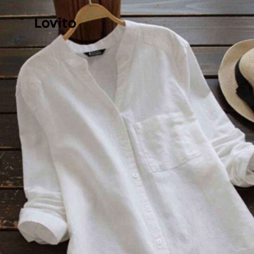 (Hot) Lovito Blusas de Manga Longa com Bolsos e Botões na Frente para Mulheres LEX01059 (Multicolorido) em Oferta na Shopee