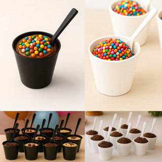 Kit 100 Copinho 25ml Branco Preto Docinho Brigadeiro Tacinha Acrílico + Mini Colher Festa Aniversário em Oferta na Shopee