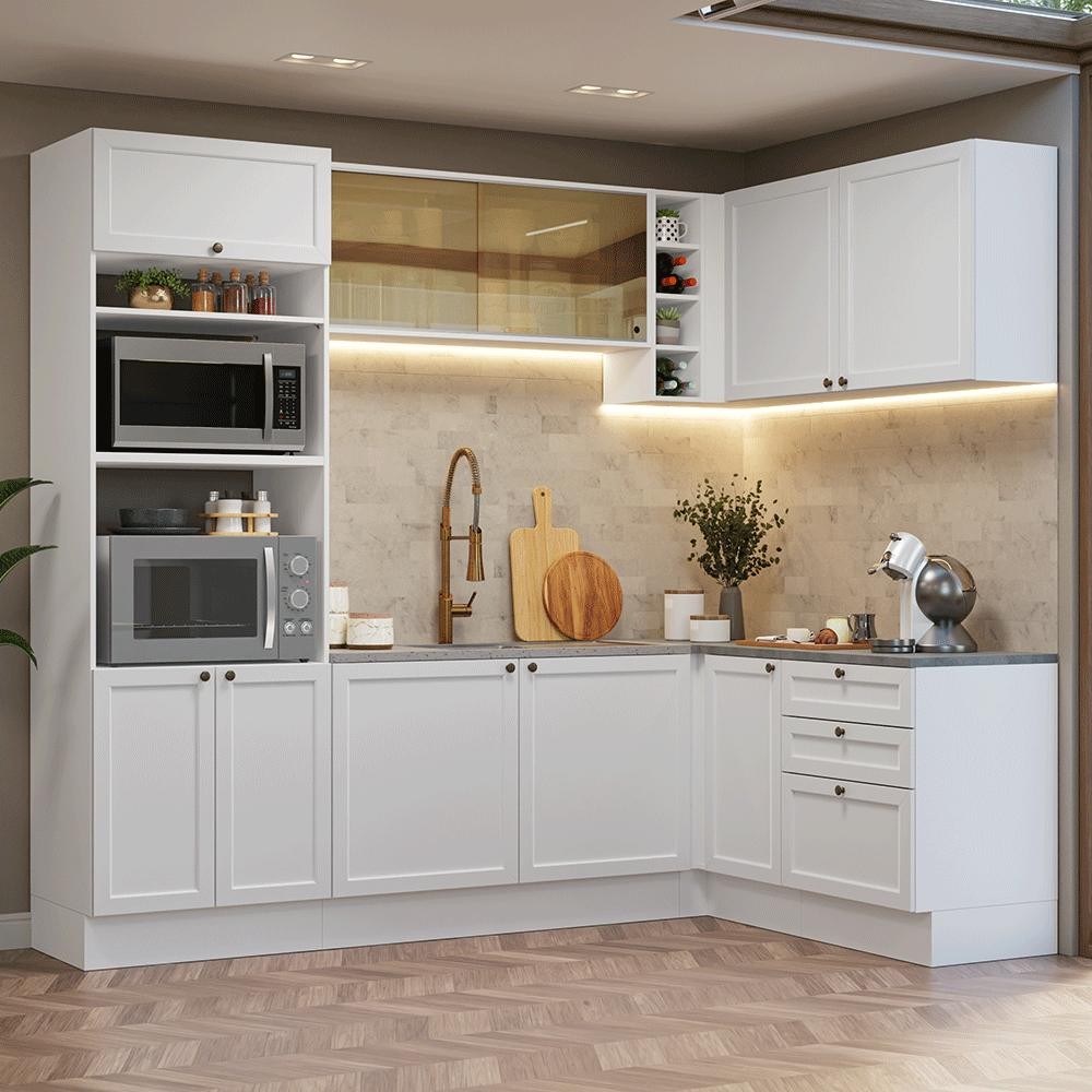 Armário de Cozinha Completa de Canto 399 cm Branco Vik Madesa 02