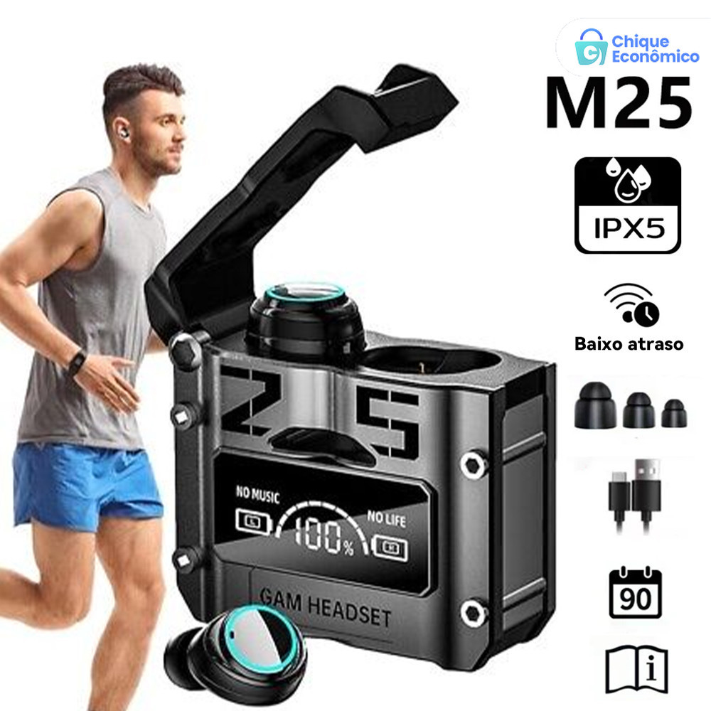 Bluetooth 5.3 À Prova D'água TWS M25 Fone De Ouvido Sem Fio 9D Stereo Sports Earbuds LED M...
