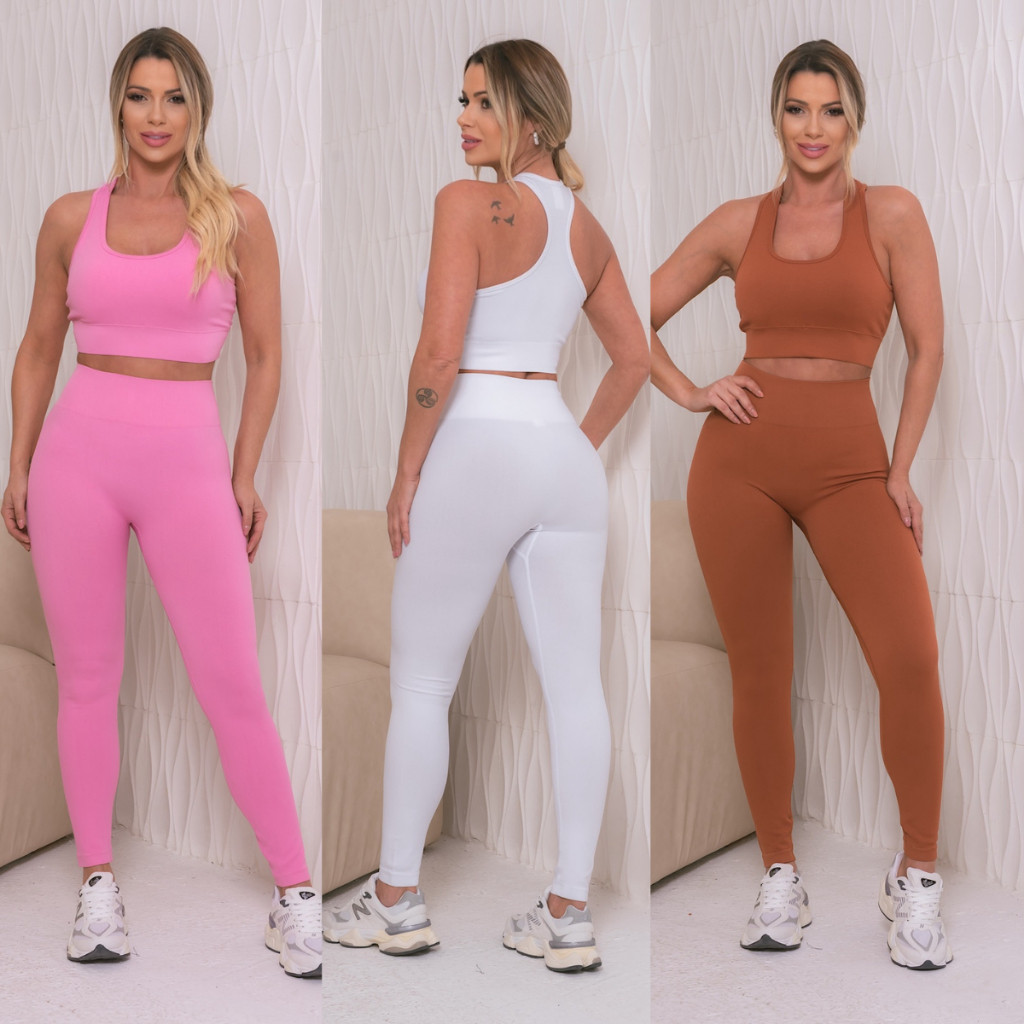 Conjunto Academia Fitness Legging Top e Shorts Cintura Alta Treino Corrida Moda Fitness e Yoga