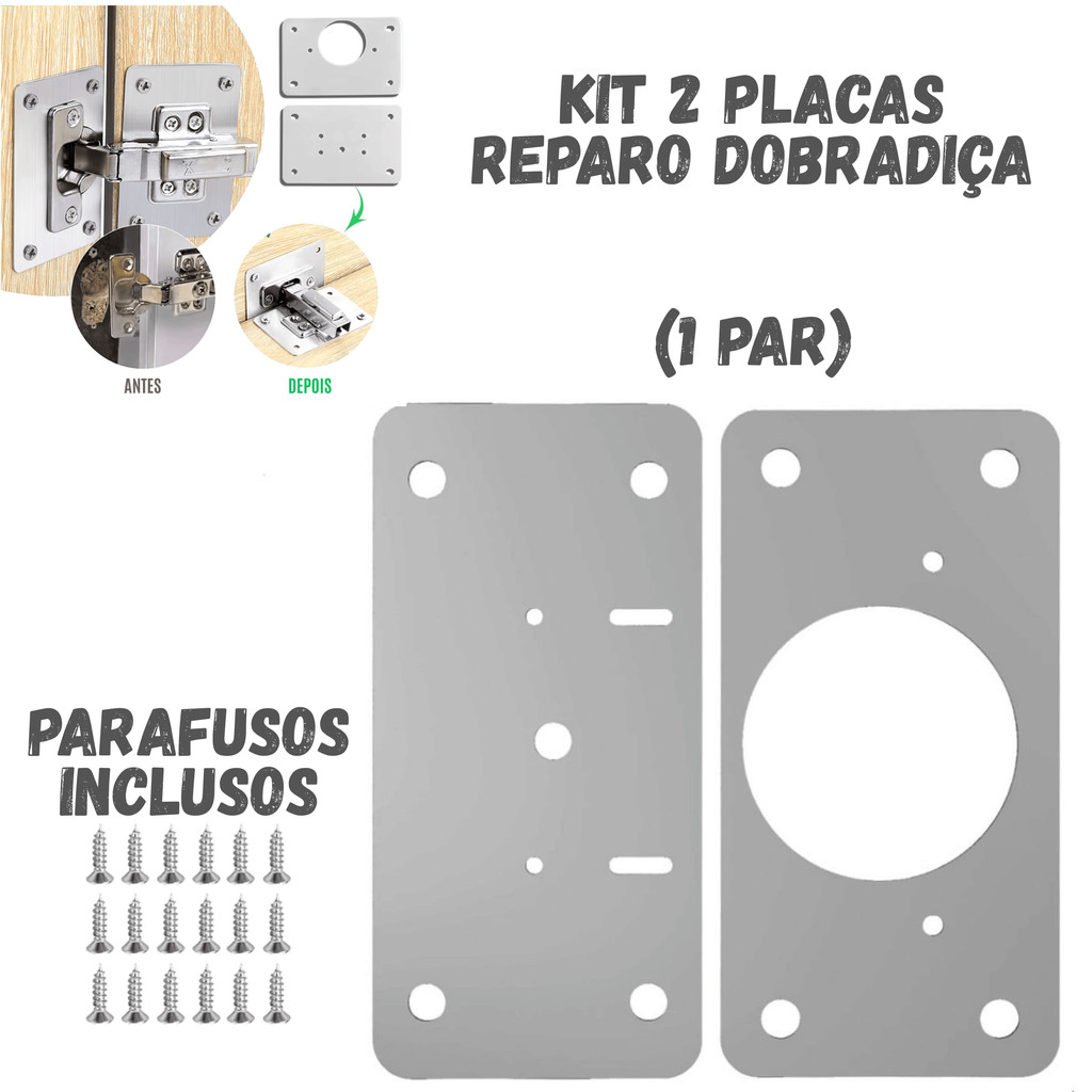 Kit Placa Para Reparo De Dobradiças Para Conserto De Porta De Armários Guarda Roupas Gabinete 1 Par