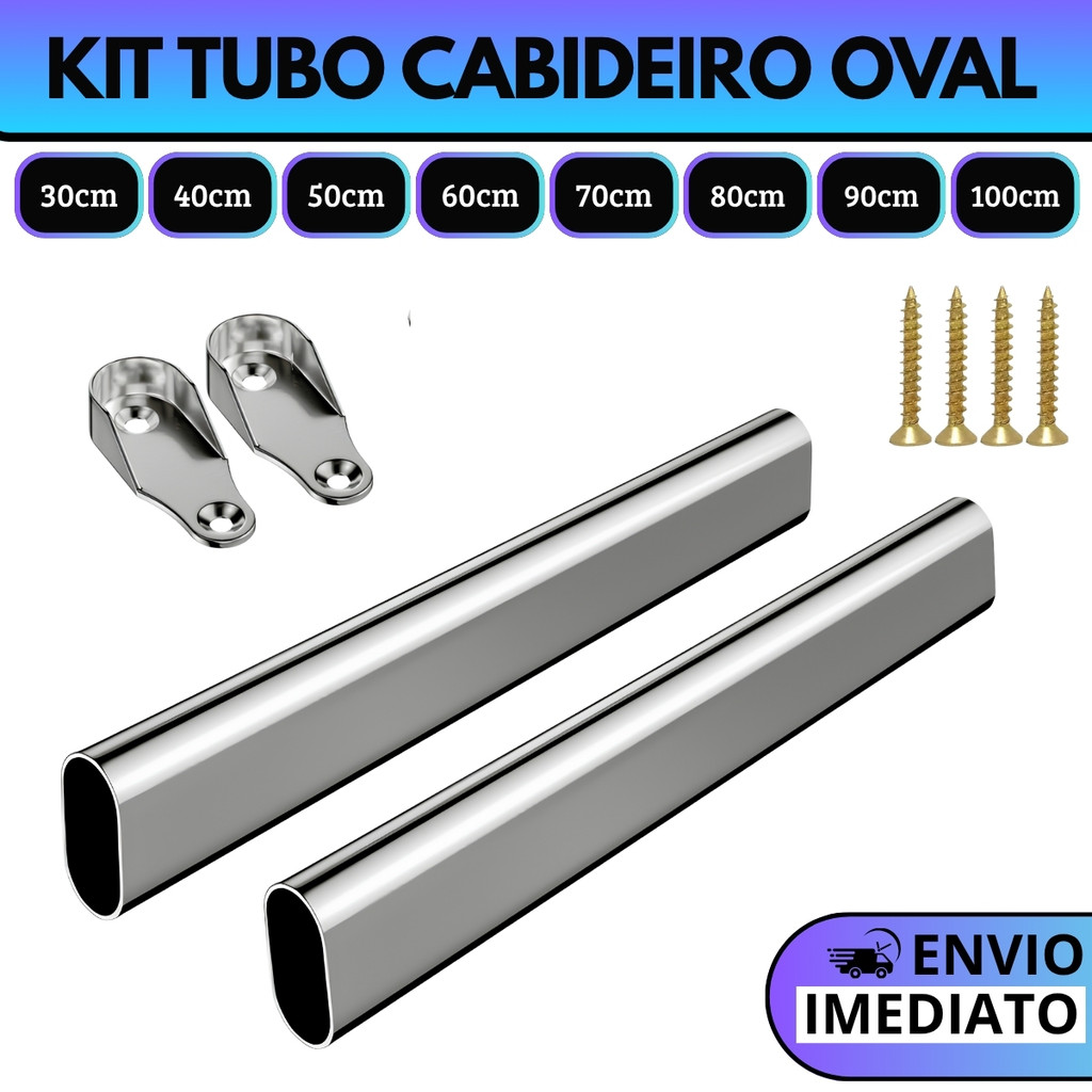 Kit Tubo Cabideiro Oval Oblongo Cromado Arara Para Guarda Roupas Closet Móveis Varios Tamanhos