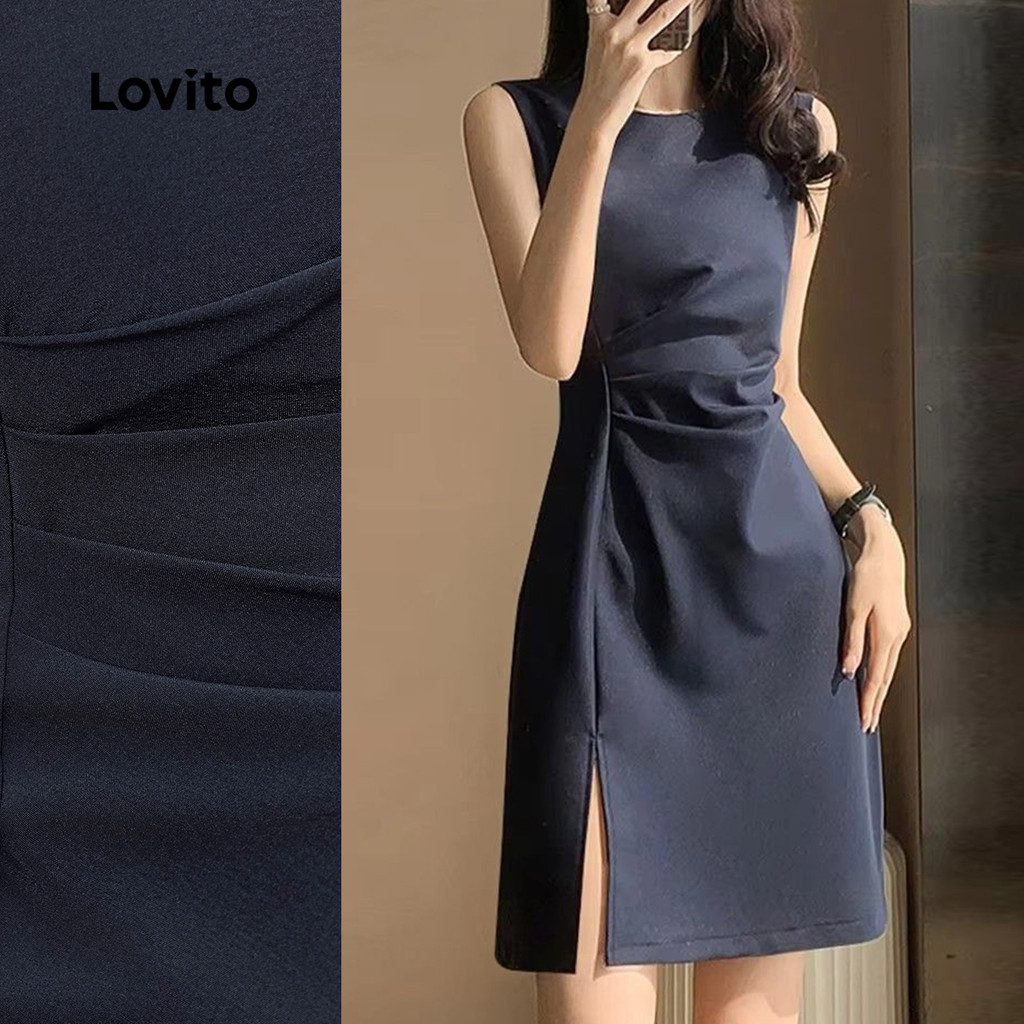 Lovito Vestido Com Zíper Dividido Suave Sensação De Mão Primavera/Verão Vestido Azul Marinho Para Mulheres L137LD225 em Oferta na Shopee