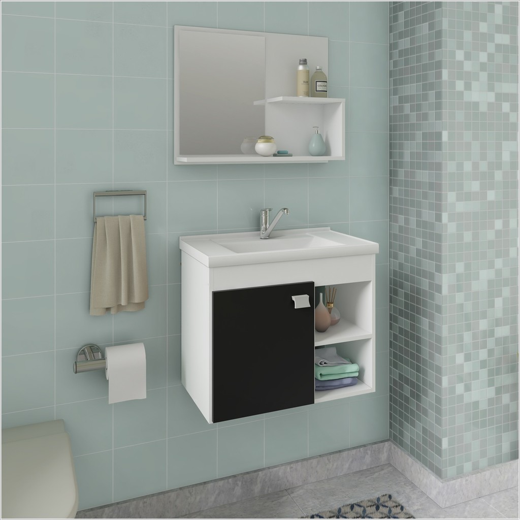 Armário Gabinete e Espelheira P/ Banheiro 1Pts 4 Prateleiras Lotus 55cm Branco Preto MGM Móveis