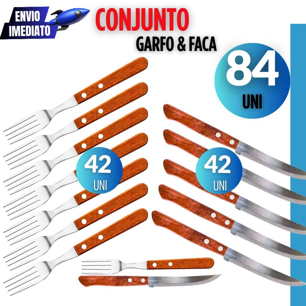 Jogo de Talheres 84 Peças Inox – Faqueiro com Cabo de Madeira para Churrasco Profissional