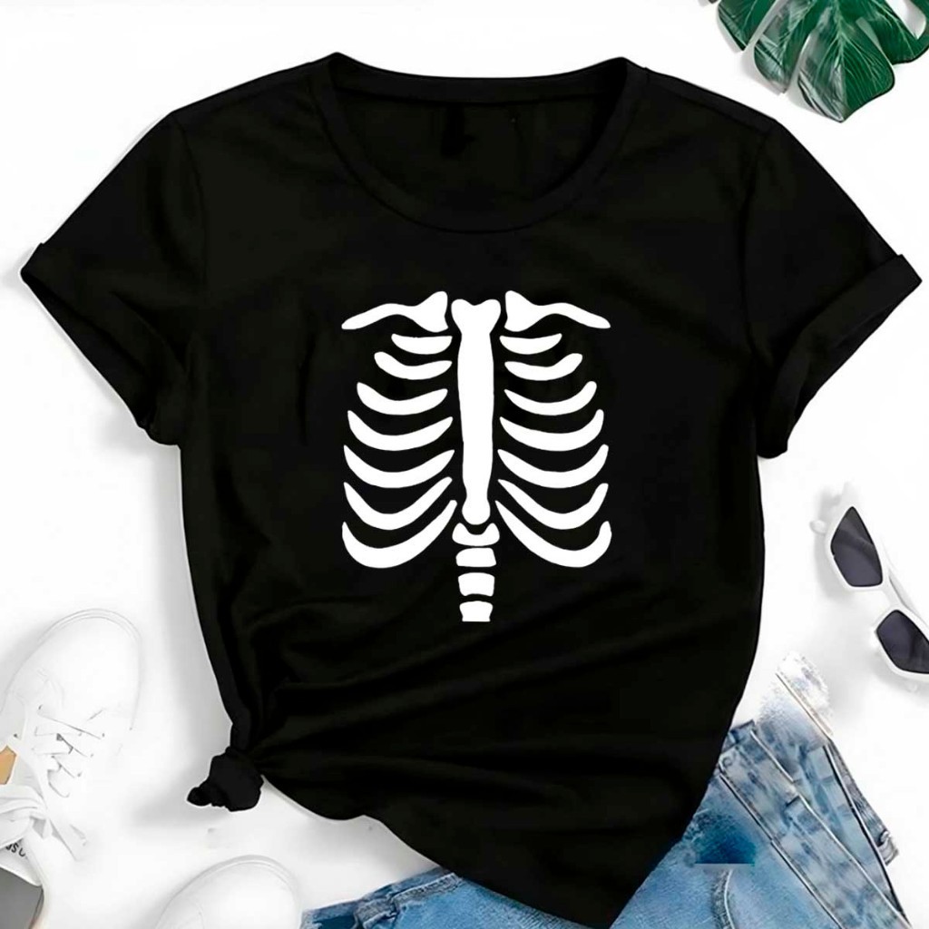 Blusa T-shirt Linda Camiseta Feminina Algodão Haloween Esqueleto Costela Fantasmas Festa Das Bruxas Fantasia