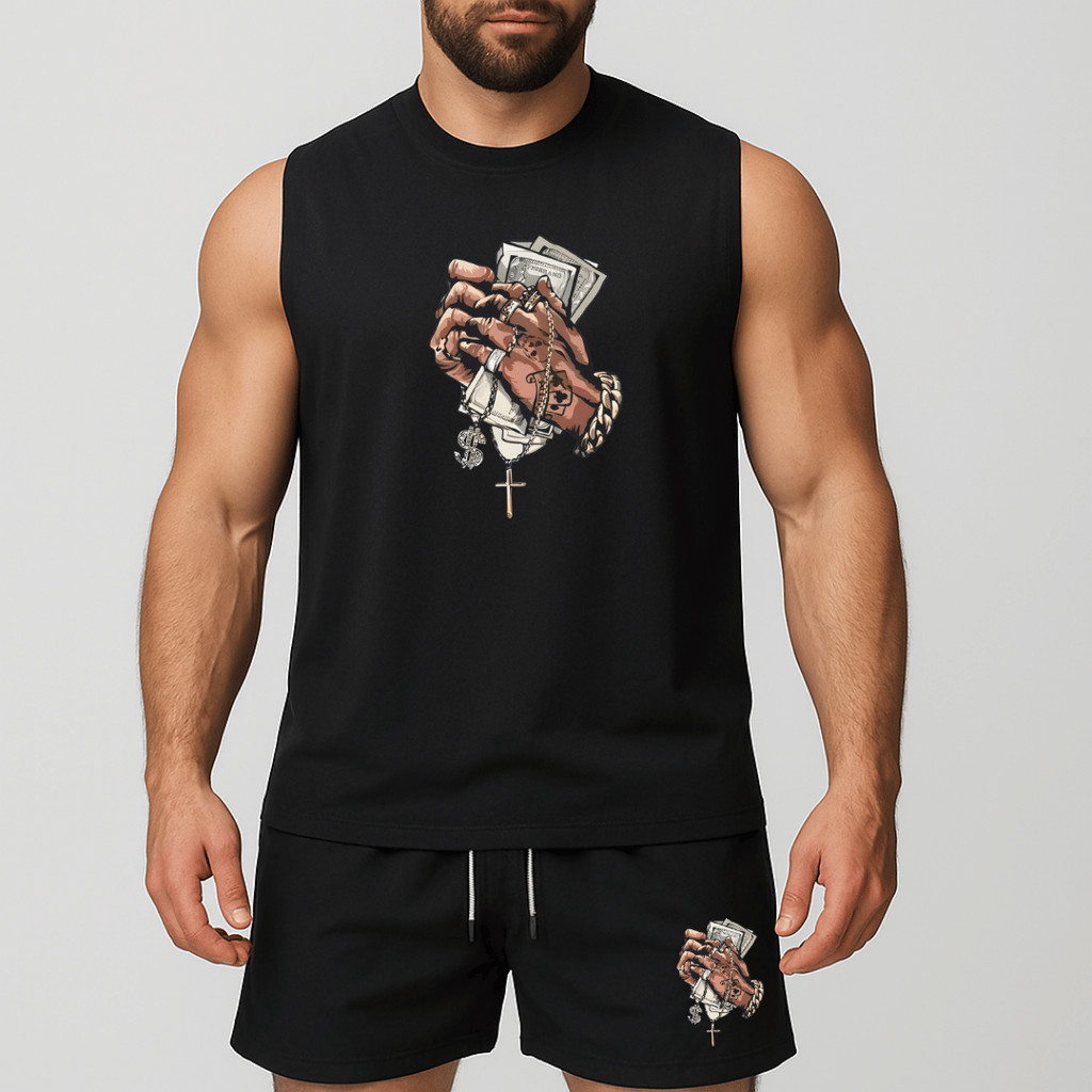 conjunto regata oversized e short de tactel de academia másculino estampada mão com dinheiro