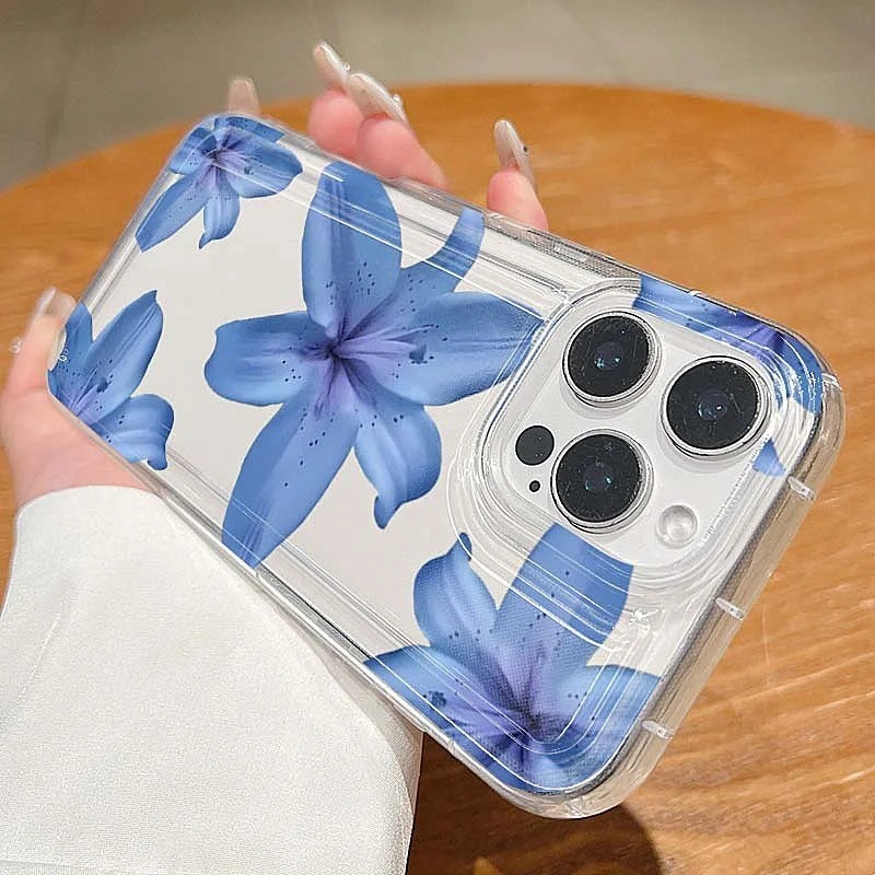 Detalhes do Azul Lírio Flores Padrão Caso De Telefone Para iPhone 16E 15 12 13 14 11 Pro Max XR XS 7 8 Plus Claro Capa Macia