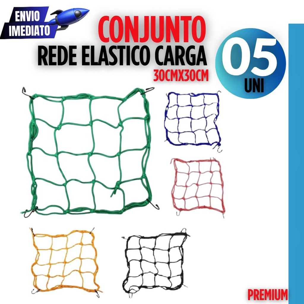 Rede elástica para moto com 6 ganchos kit com 5 peças, ideal para prender cargas com segurança (30x30cm)