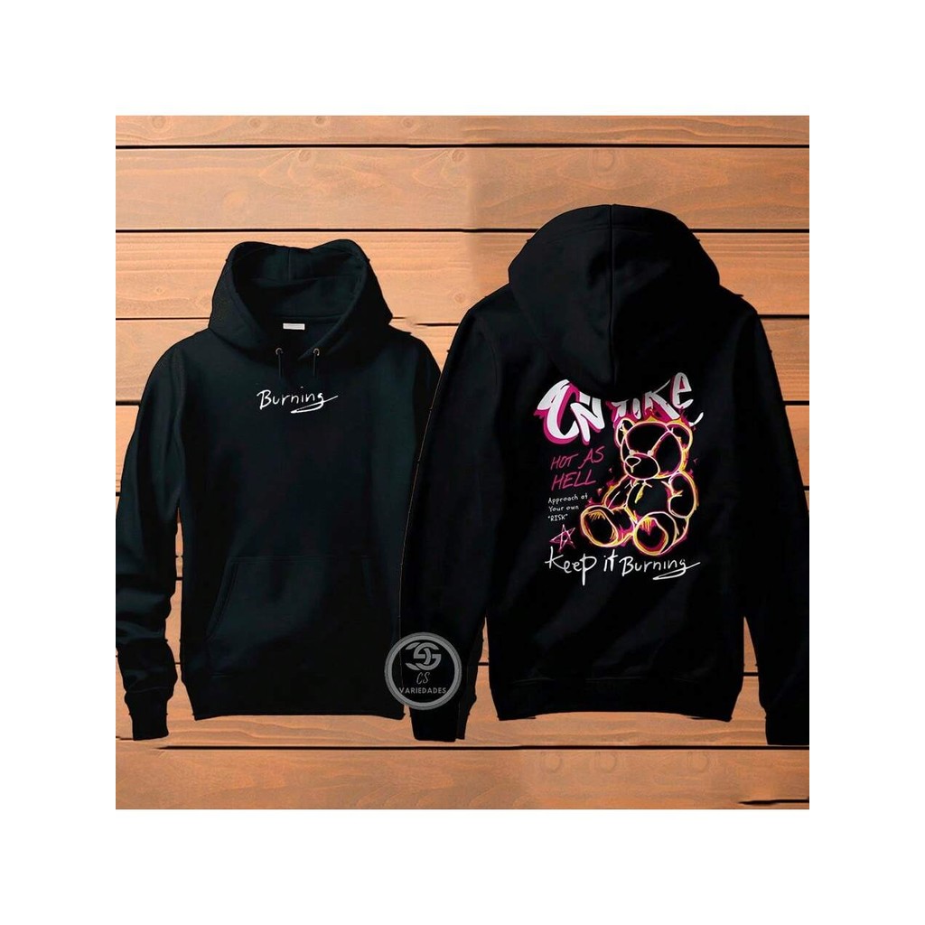 Blusa de Frio Moletom Canguru Urso Bear On Fire Burning Unissex Estampado Lançamento Envio ImediatoAdulto e Infantil