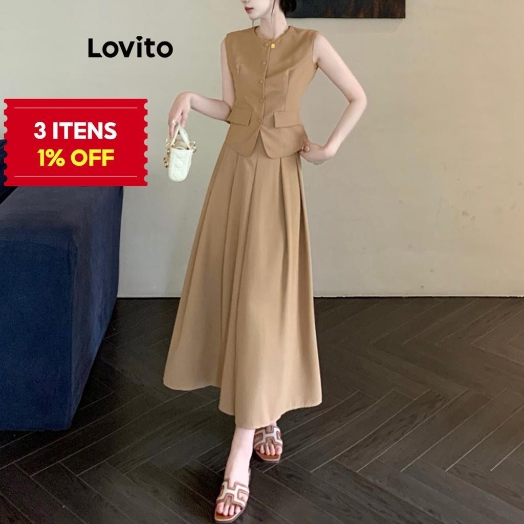 (Trendy) Lovito Conjuntos De Saia Casual Com Botão Liso Plissado Superior Ou Inferior Para Mulheres L74ED289 em Oferta na Shopee