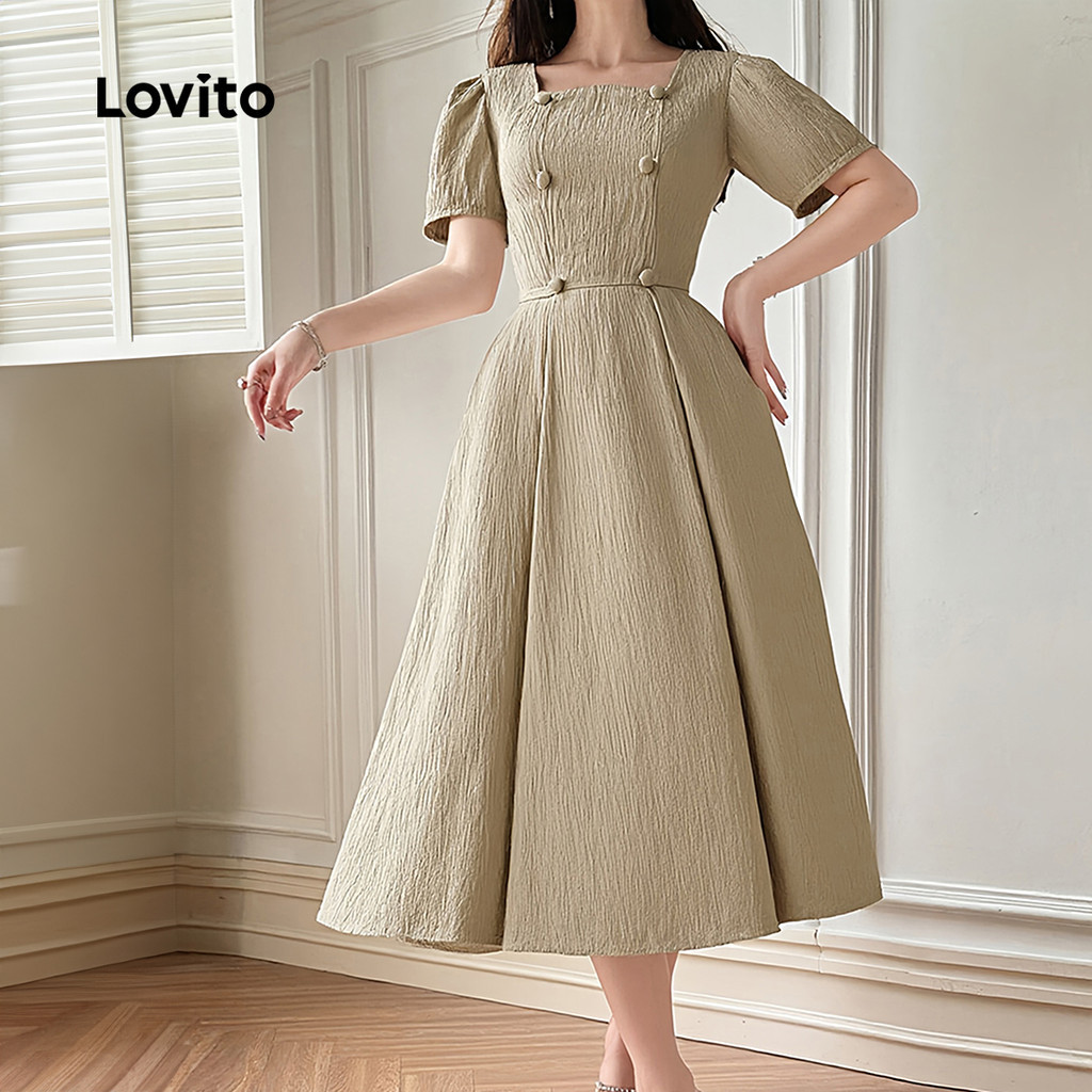 (Trendy) Lovito Vestido elegante liso com manga bufante e botão duplo para mulheres LBL24103