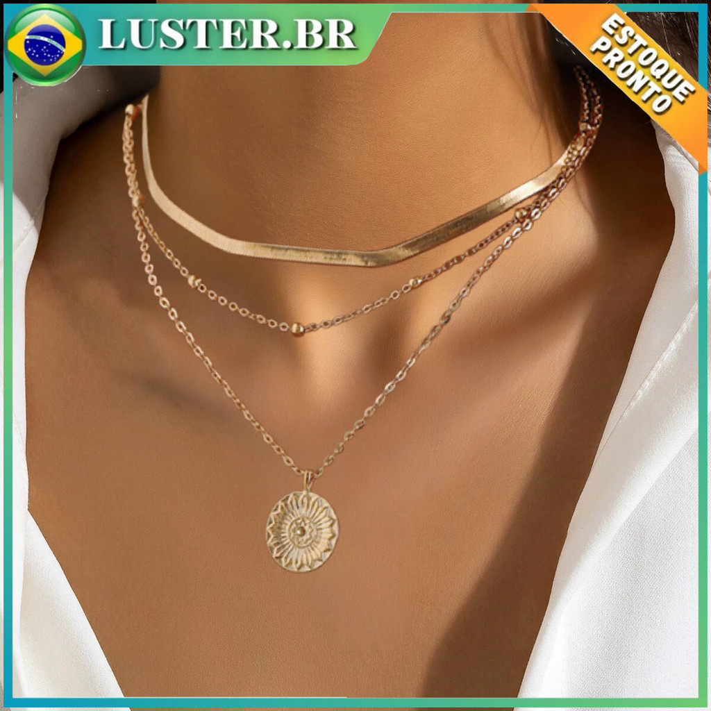 Colar Feminino Multicamadas Dourado com Pingente Sol Elegante Ajustável Moda em Oferta na Shopee