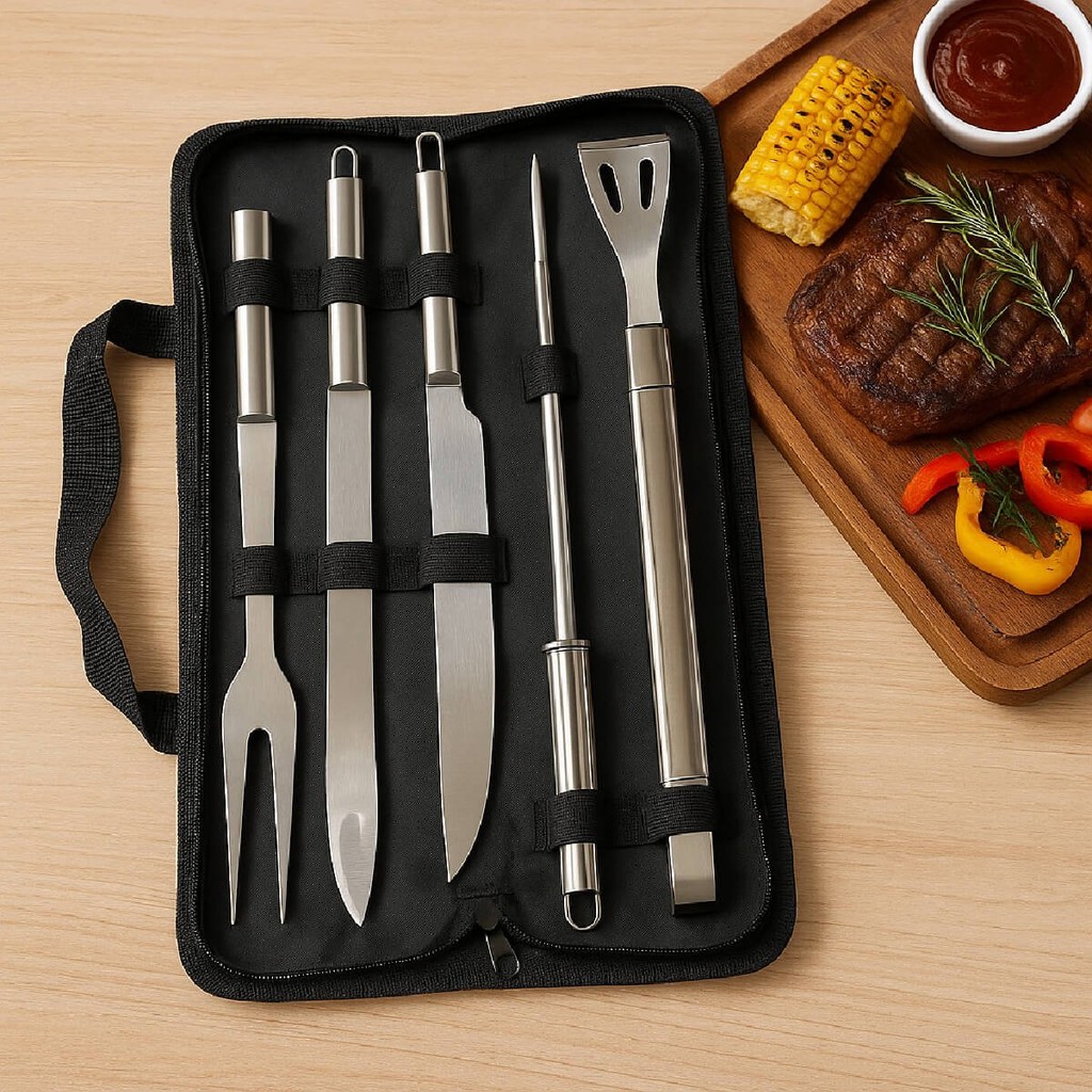 Kit Churrasco Conjunto 5 Peças Inox Profissional Com Estojo Chef Kit Churrasqueiro Dia dos Pais