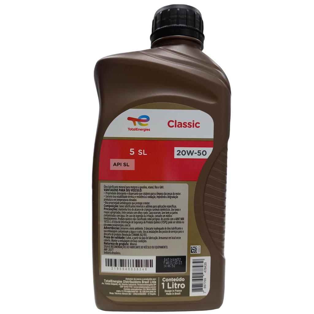 Detalhes do Óleo Lubrificante do Motor Total Classic 20W50 API SL Mineral 1L