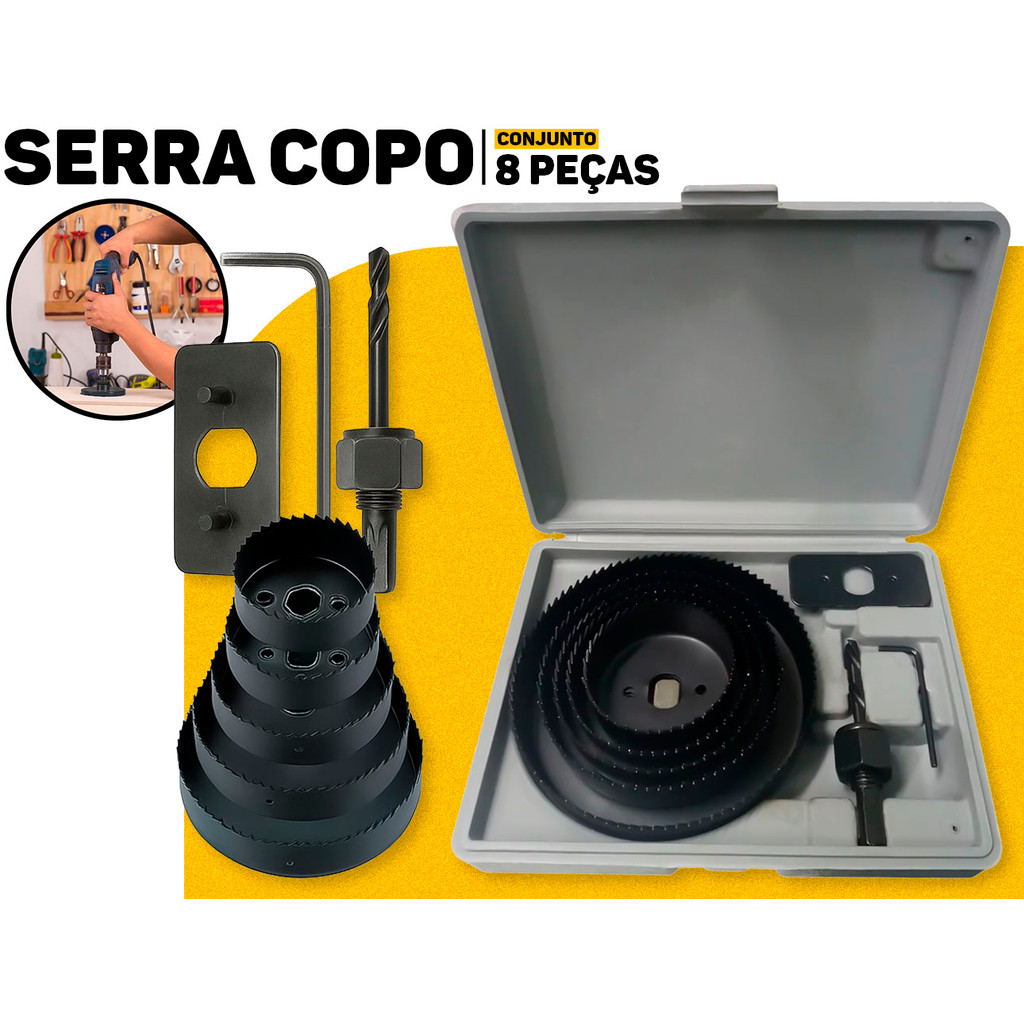 Serra Copo Fertak Kit 8 Peças P/ Furadeira Corte Preciso Em Diversos Materiais Madeira Metal PVC Gesso Corte Preciso	 em Oferta na Shopee