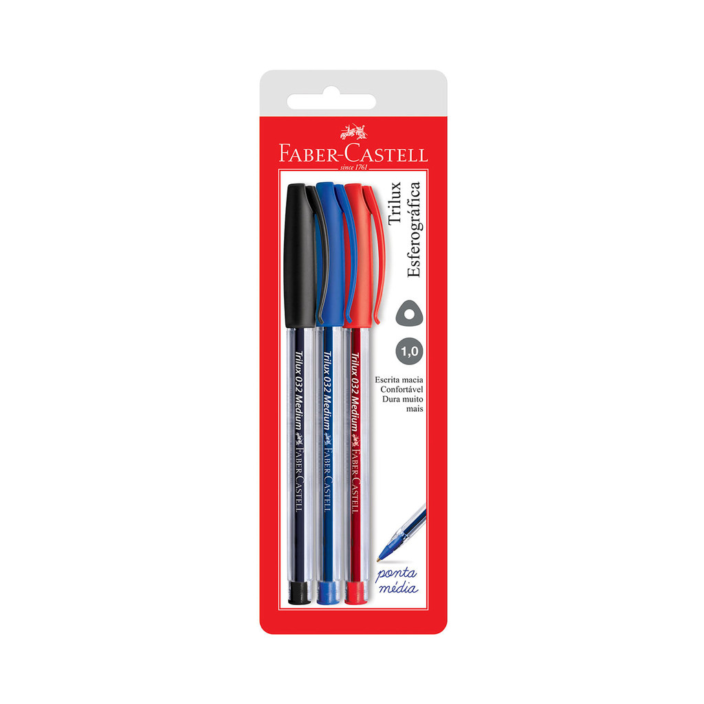 Caneta Esferográfica Faber-Castell Trilux 1.0mm com 3 Unidades - Stationery