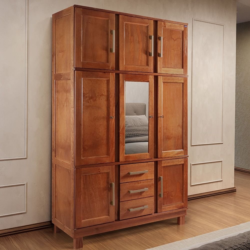 Guarda Roupa Solteiro com Espelho e Pés 8 Portas 3 Gavetas Paris Lanes Móveis Mogano em Oferta na Shopee