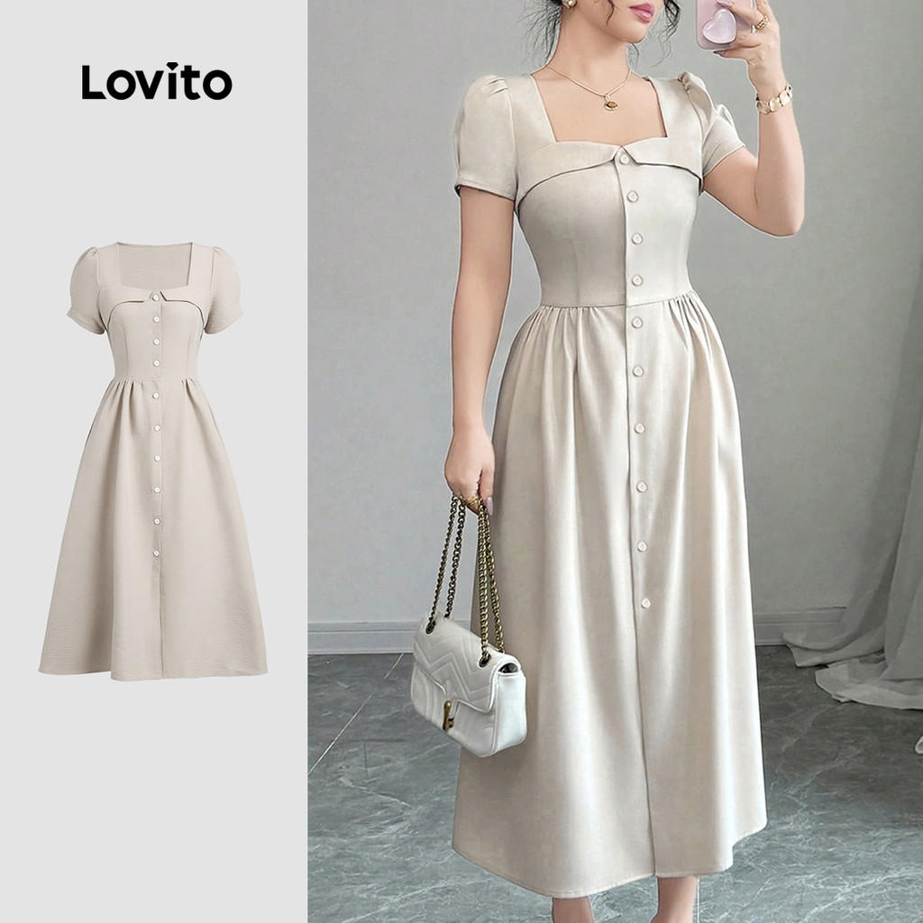 Lovito Vestido Casual de Botões Na Frente com Boa Textura para Primavera/verão Azul para mulheres LBL25458 - Women Clothes