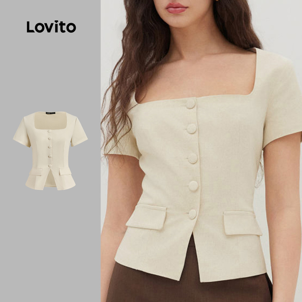 Lovito Blusa Elegante com Botão  Bolsinho Falso  Primavera/verão  Blusa de Damasco para Mulheres L143AD1447 em Oferta na Shopee