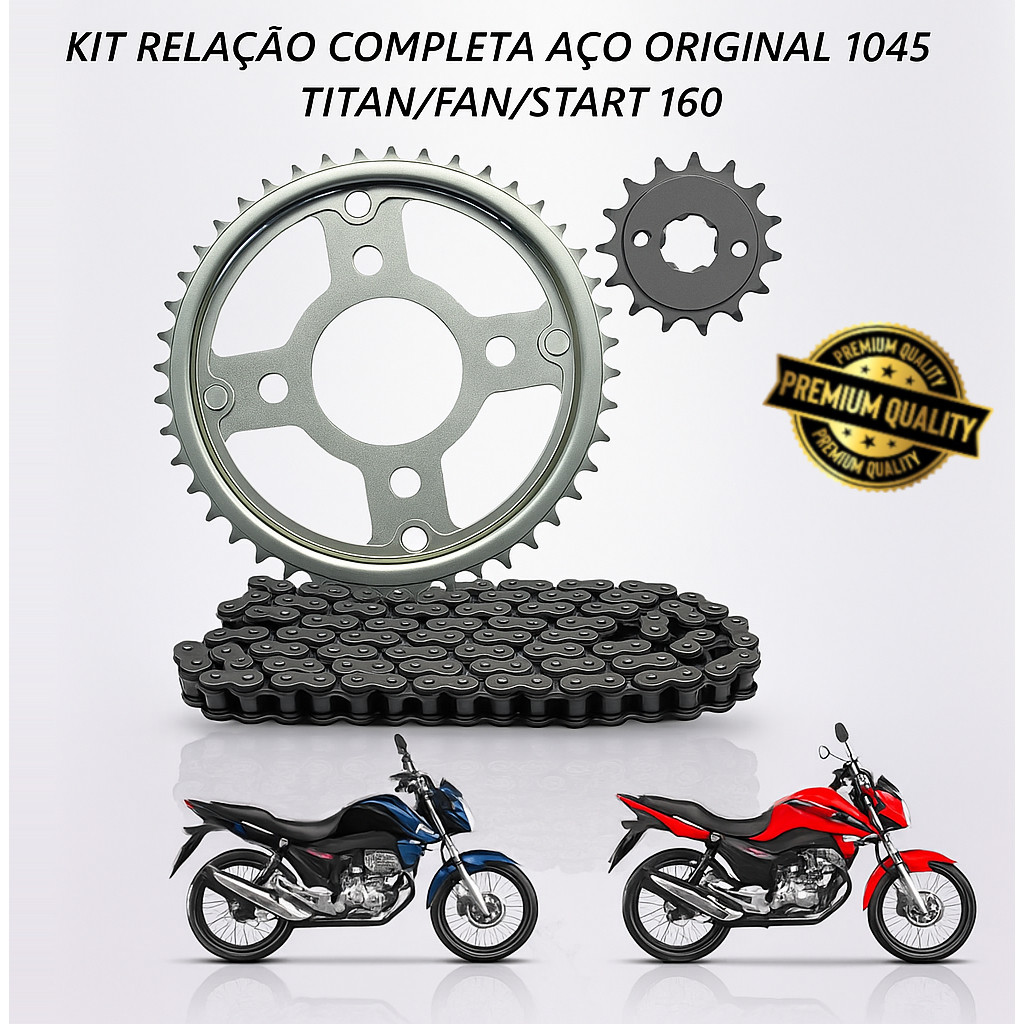 Kit Relação Transmissão Completo Compatível Honda CG Fan Titan Start 160 Aço Original 1045 Premium
