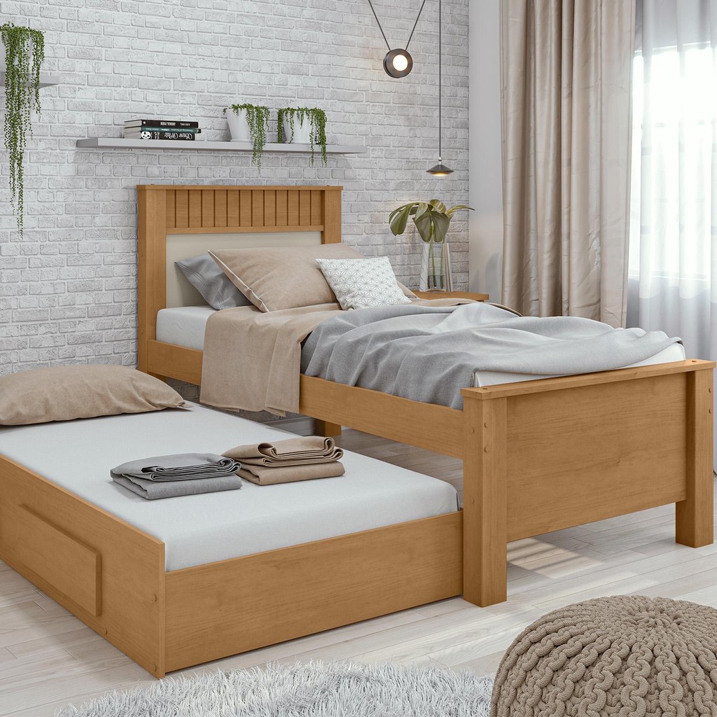 Cama Solteiro Athenas com cama auxiliar Amêndoa Clean/off - Móveis Lopas em Oferta na Shopee