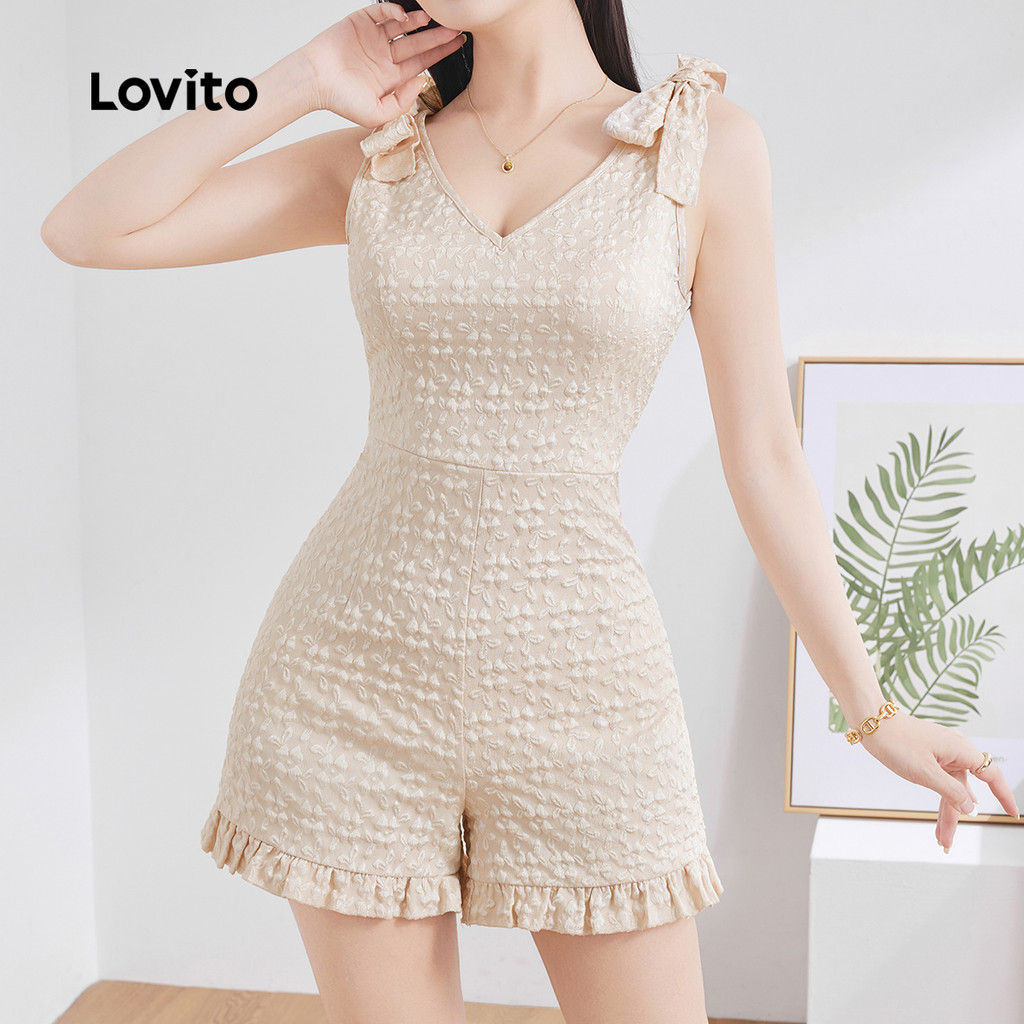 Lovito Macacão Casual Liso Com Babados Na Frente Verão Primavera Damasco Para Mulheres L132ED639 em Oferta na Shopee